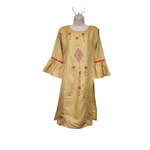 Mustard Gold Cotton Kurti Tunic with Red, Gold Embroidery Size Medium